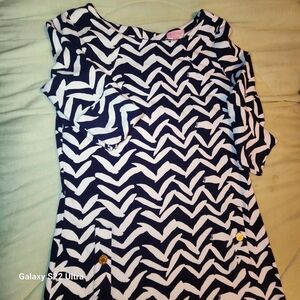Lilly Pulitzer Sz M Dress Navy White Birds Gold Button Pockets Nautical Beach